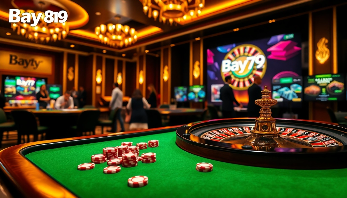 Exciting Bay789 casino scene with vibrant gaming tables and poker chips.