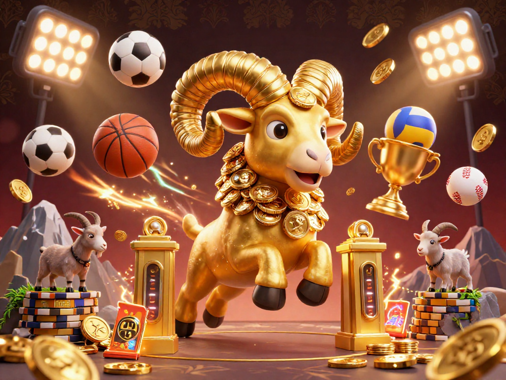 Engage with 78win's dynamic sports betting scene featuring a golden ram and flying sports balls.