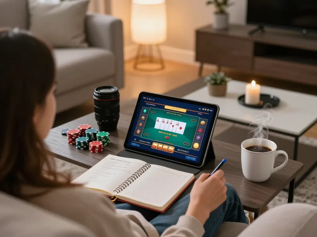 TK999 user engaging in an online poker game from home, showcasing gaming strategy notes and tablet interface.