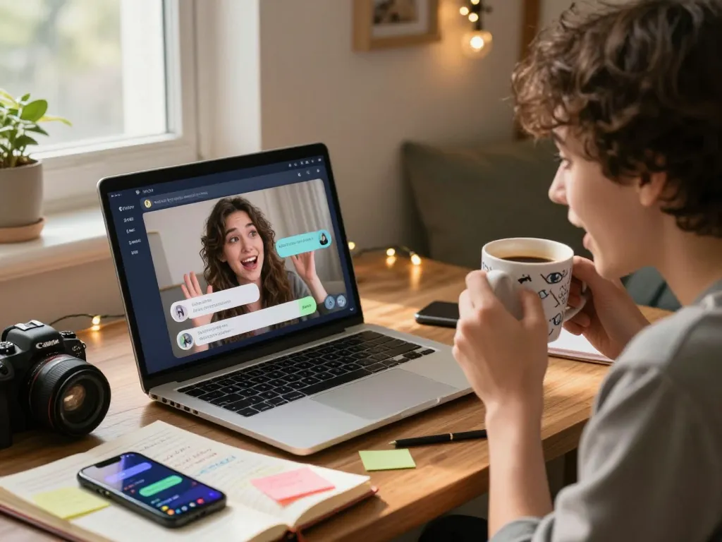 Engaging ai chat porn interaction on a cozy workspace laptop with character conversation.