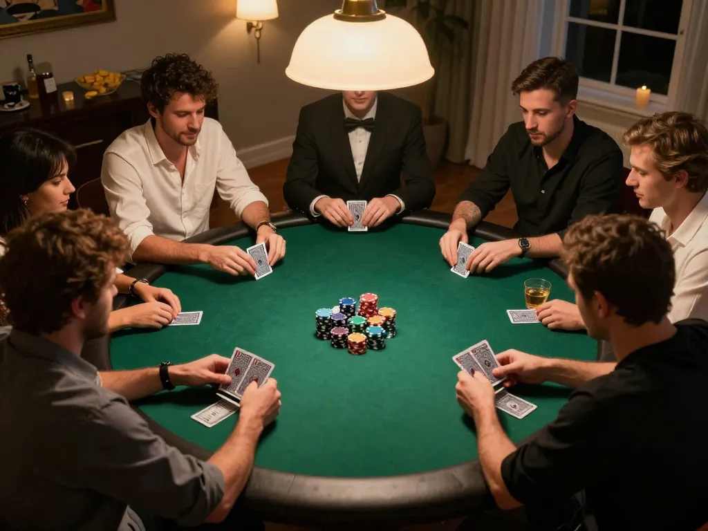 Engaging poker scene at home with players focused on strategy, featuring alo8net gaming action.