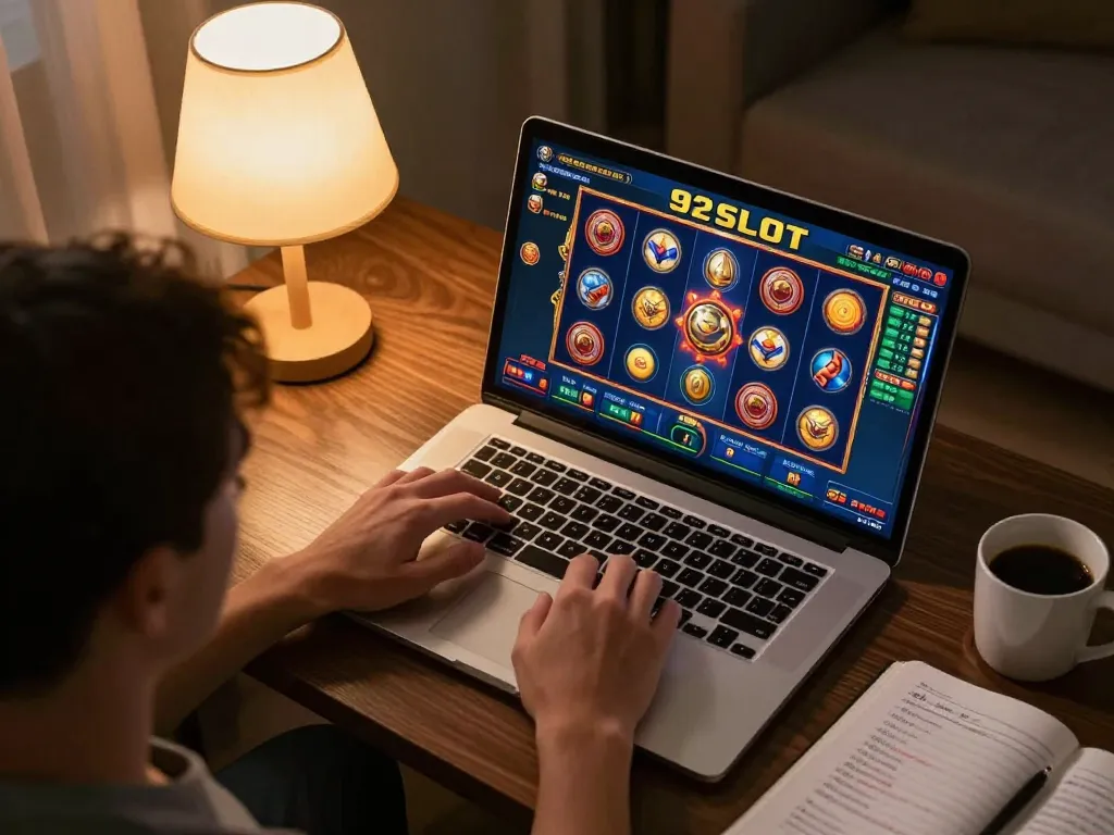 Player enjoying a thrilling 92slot online gaming session at home with engaging visuals and strategy notes.
