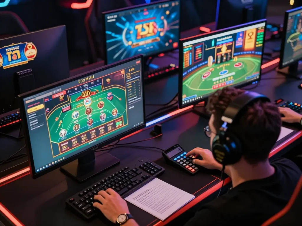 vin88a gaming enthusiast strategizing bets with multiple screens displaying casino games
