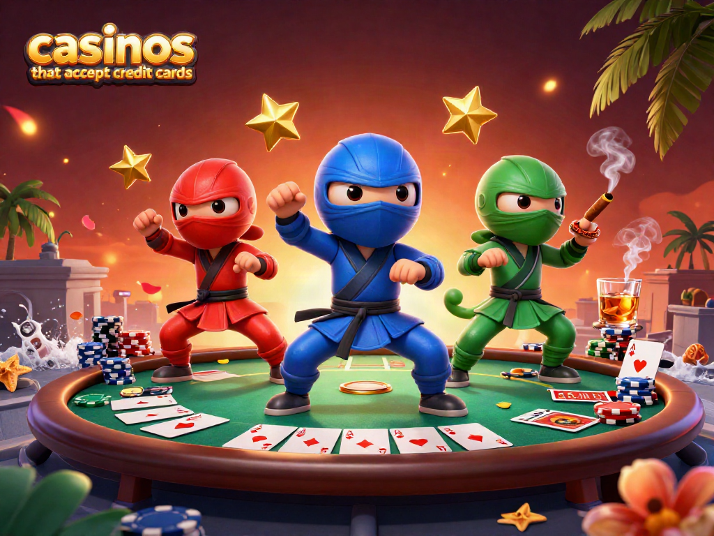 Engaging scene of ninja chameleons showcasing casinos that accept credit cards with poker elements.