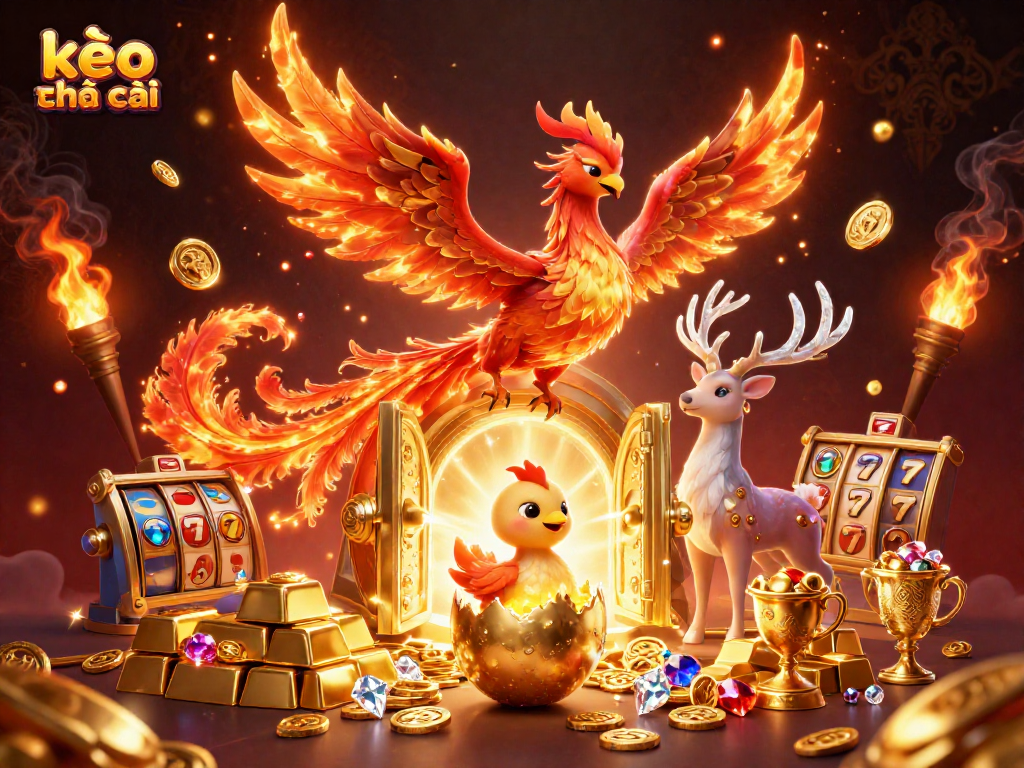 Bet on kèo nhà cái with a vibrant 3D scene featuring phoenix and luxurious casino elements.