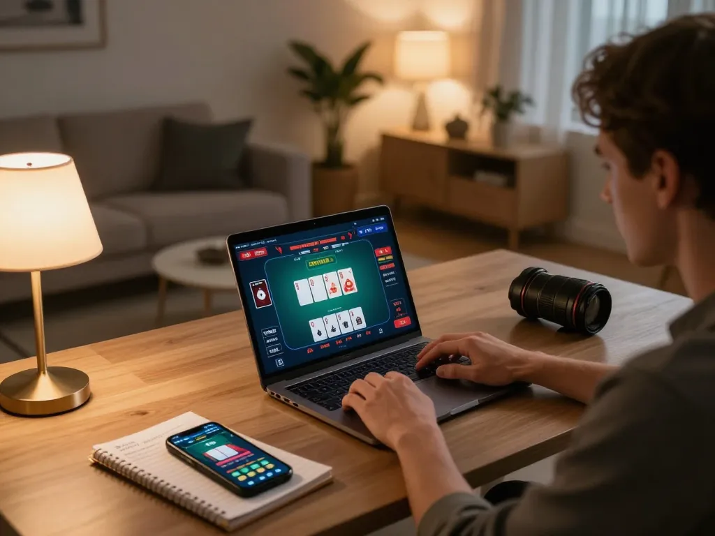 Player engaged in online casino gaming at https://ph33.info/ with laptop showing poker interface and strategy notes