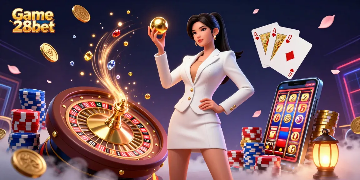 Experience excitement with Game 28bet as golden coins and cards cascade in a vibrant casino scene.