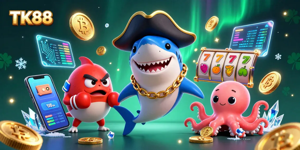 Win big with TK88's vibrant 3D pirate-themed casino illustration featuring gold coins and gaming elements.