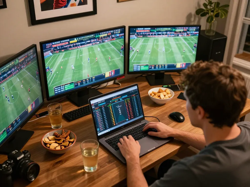 Engage in strategic sports betting with sky88 from a cozy home setup, showcasing live game analysis on multiple screens