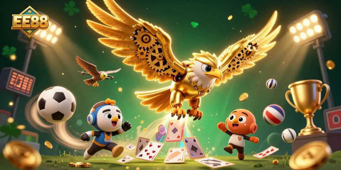 Engage with EE88 while enjoying a vibrant 3D illustration of exciting casino elements.