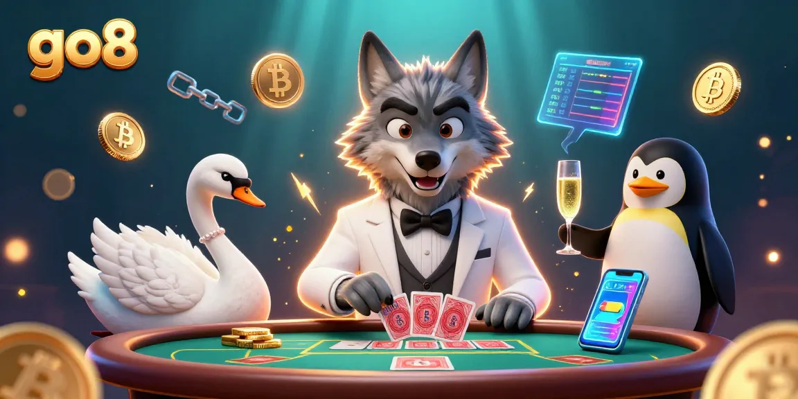 Experience thrilling gameplay at go8 with fun characters at a baccarat table featuring crypto elements.