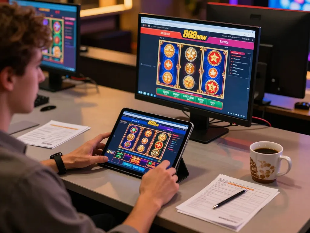 Engaging with 888new casino on a tablet, showcasing vibrant gaming atmosphere.