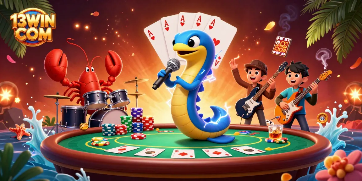 Catch the electrifying vibe of 13WIN COM with a vibrant underwater casino scene featuring animated characters.
