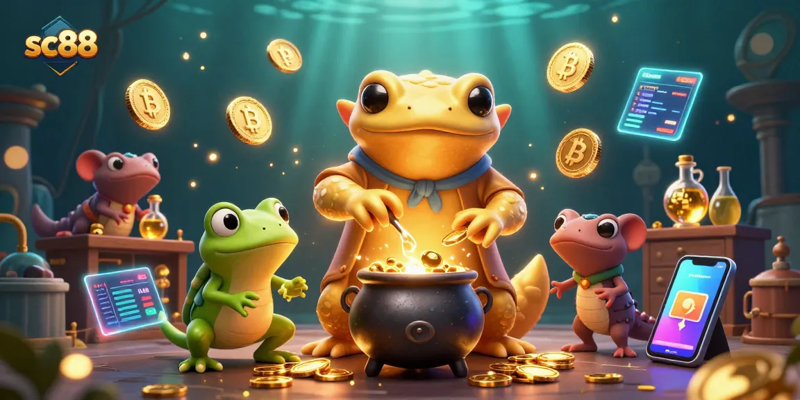 Sc88 alchemist turns base metals into gold coins in an enchanting gambling scene.