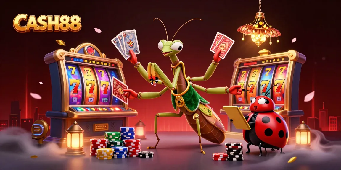 CASH88's vibrant slot scene shows a praying mantis card sharp and a ladybug pit boss amidst gaming elements.