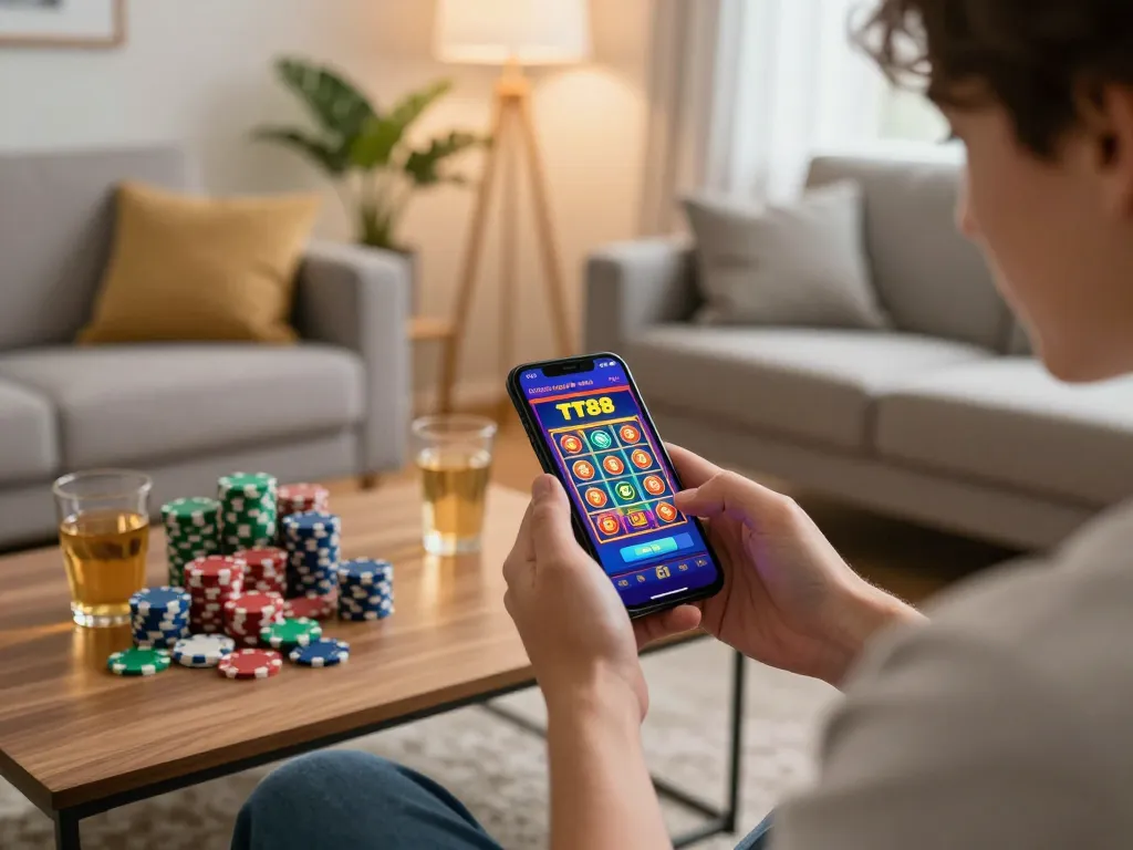 Player experiencing the thrill of TT88 gaming on a smartphone in a cozy living room.