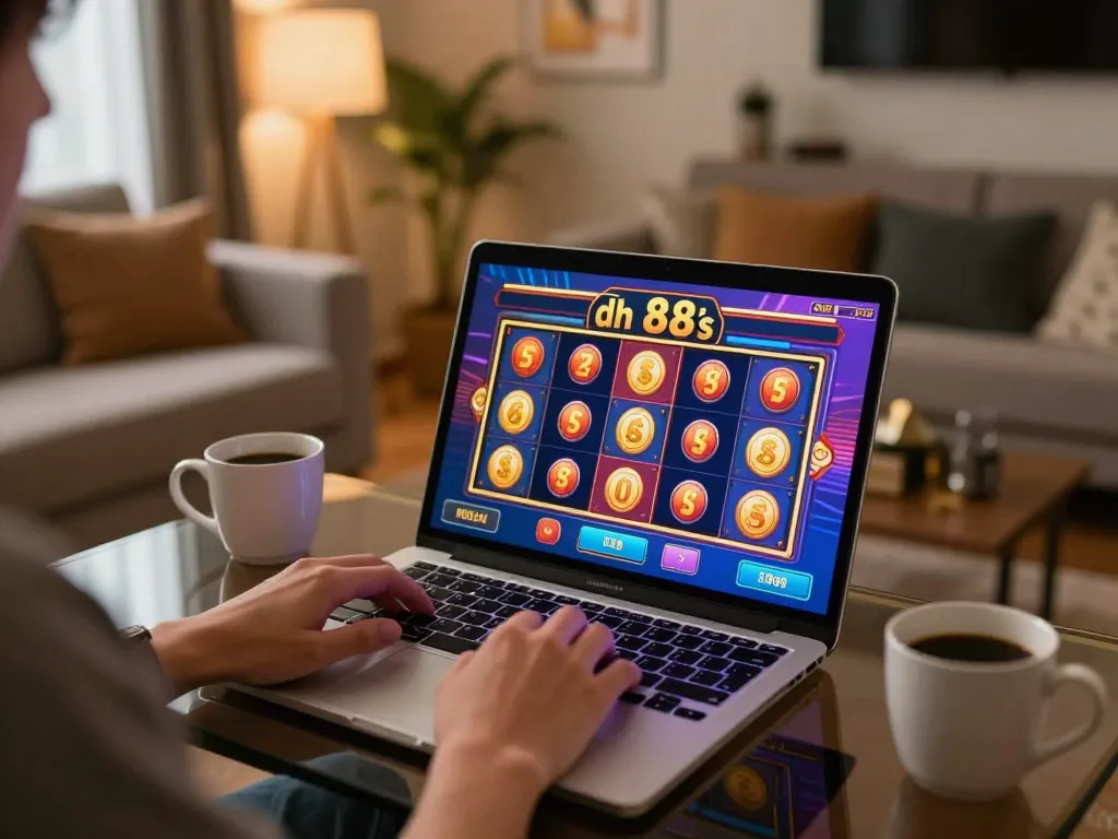 Player enjoying dh 88 online casino gaming, vibrant screen visuals in cozy home