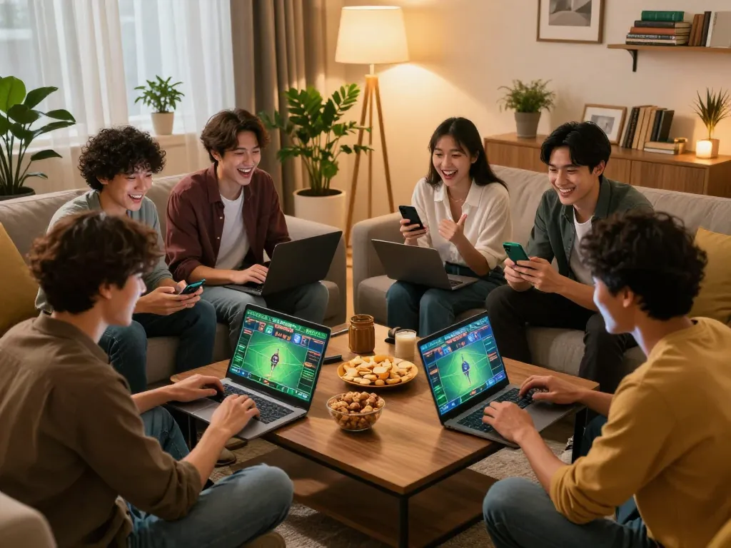Friends engaging in trang cá cược bóng đá session with laptops and smartphones, creating a lively atmosphere.