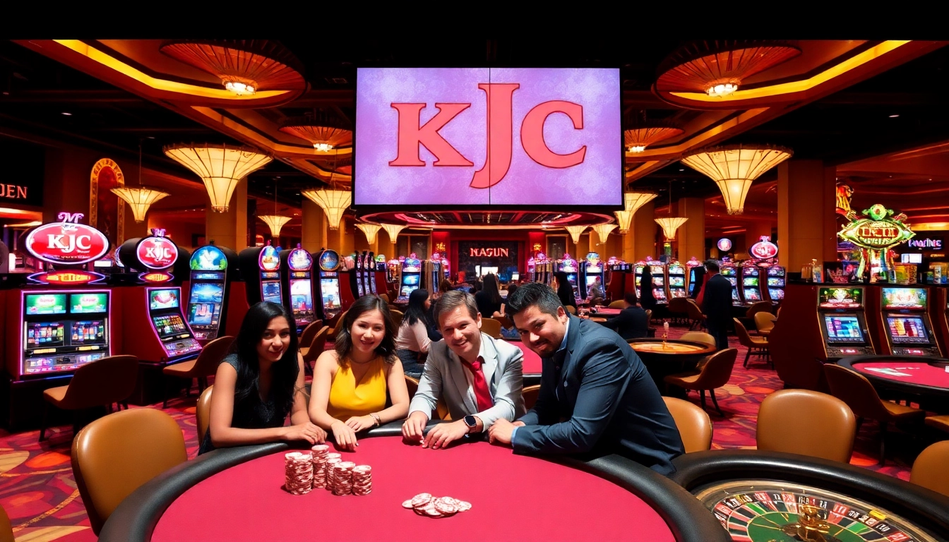 KJC logo displayed prominently on a vibrant casino floor with engaging gambling activities.