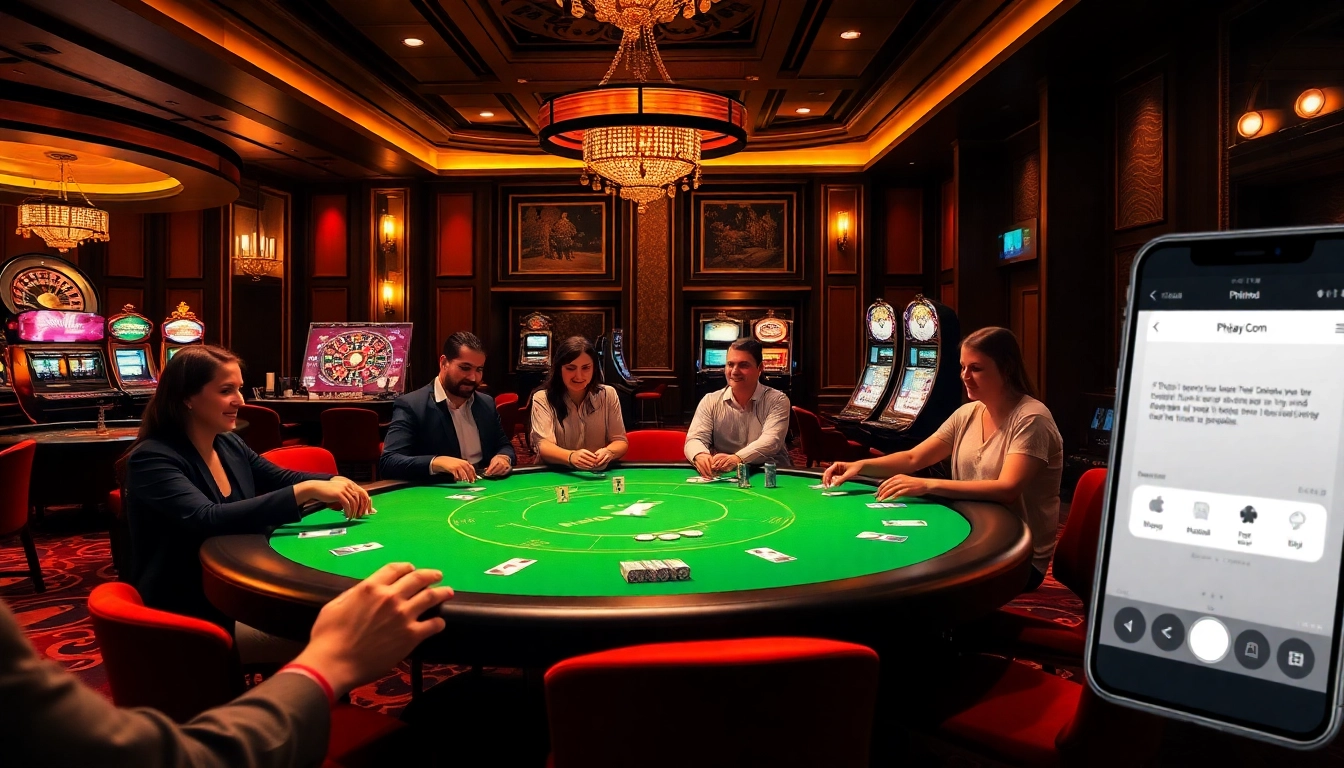 Players enjoying a poker game at a luxurious casino, inspired by phtayab.com, showcasing excitement and strategy.