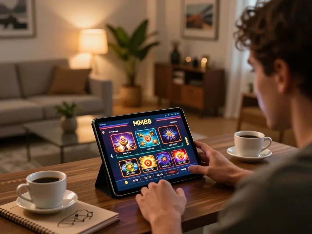 Person enjoying MM88 casino games on a tablet in a cozy home setting.