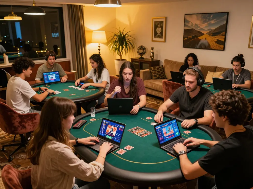 Sunwin players engaged in dynamic online gaming experience in a cozy yet modern environment.