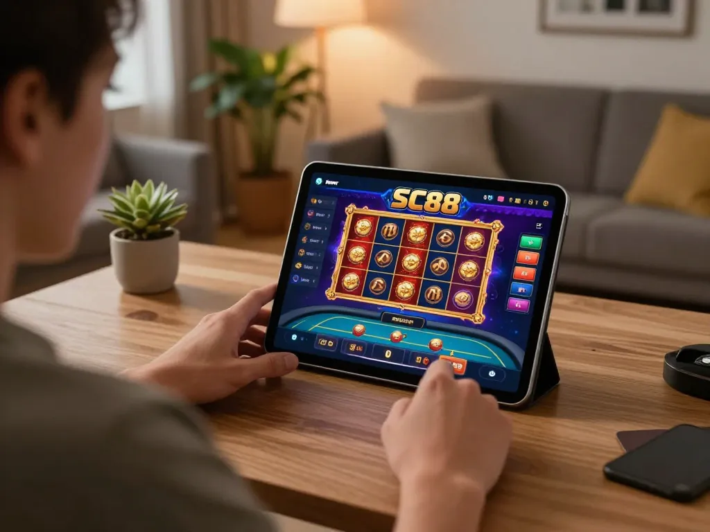 Person enjoys gaming on the SC88 mobile app from a cozy home setup, displaying an interactive slot game interface.