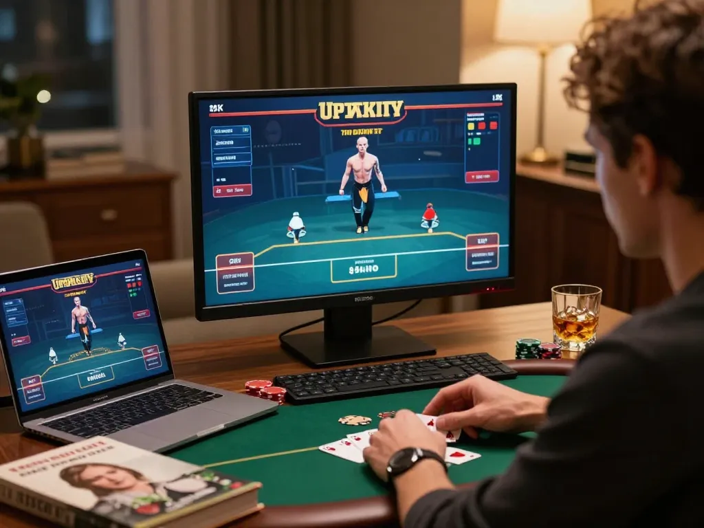 Player strategizing in an online poker game, showcasing the mb66 experience with immersive home gaming elements.