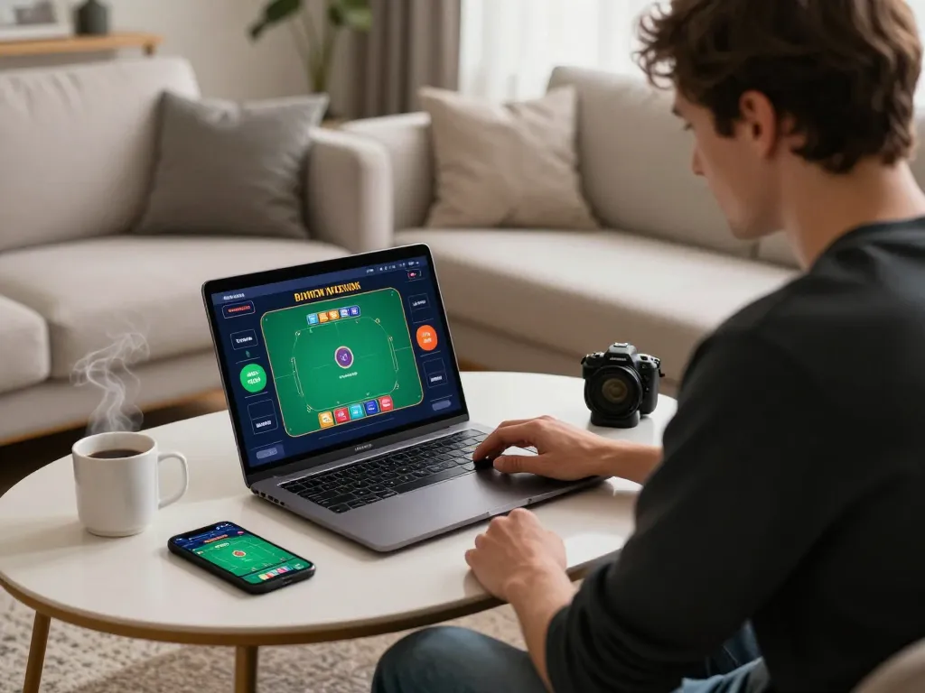 Player engaging in online poker with S666 on a laptop in a cozy home setting.