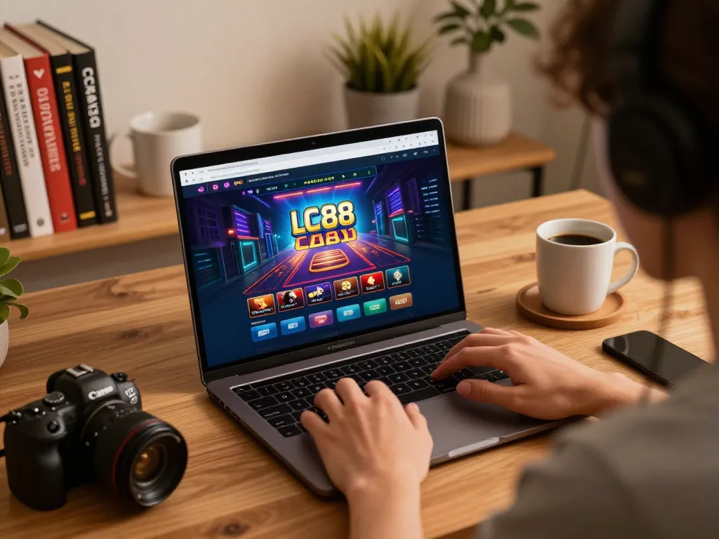 Engaging with LC88 casino on a laptop, exploring dynamic online gambling strategies.