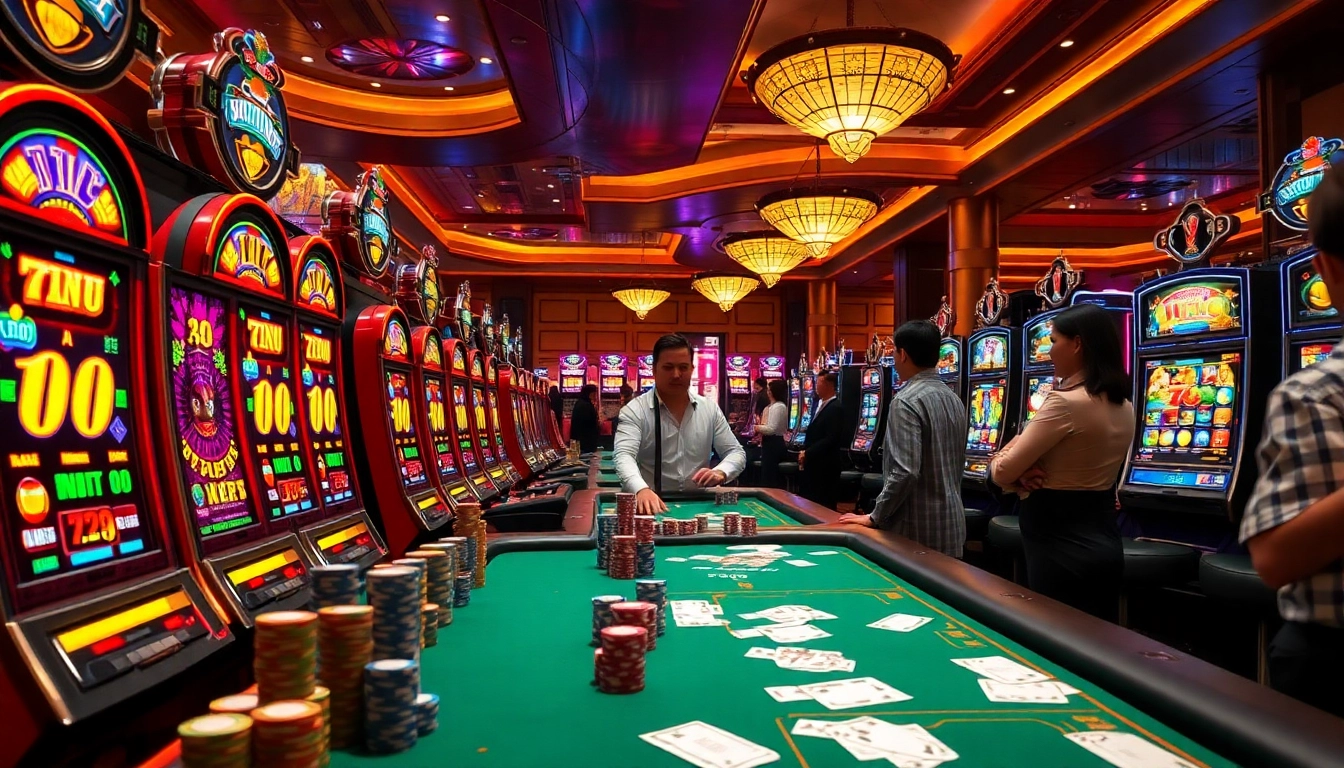 Nổ hũ vibrant slot machines illuminate a lively casino environment filled with excitement.