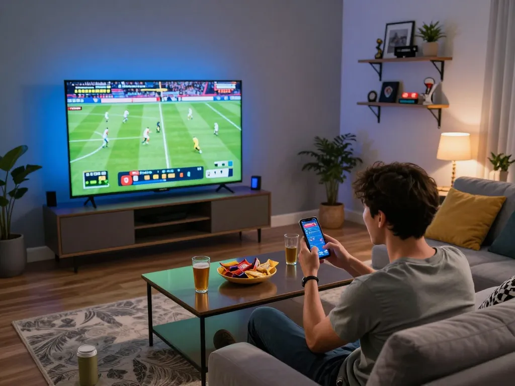 Engaging scene of a person betting on the nhà cái bóng đá 388bet while watching a live football match