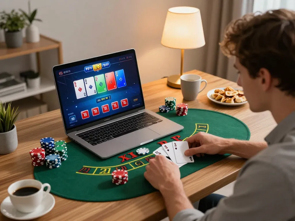 Engaged player enjoying live dealer blackjack on trang chủ XX88 at their home office, showcasing strategic gameplay.