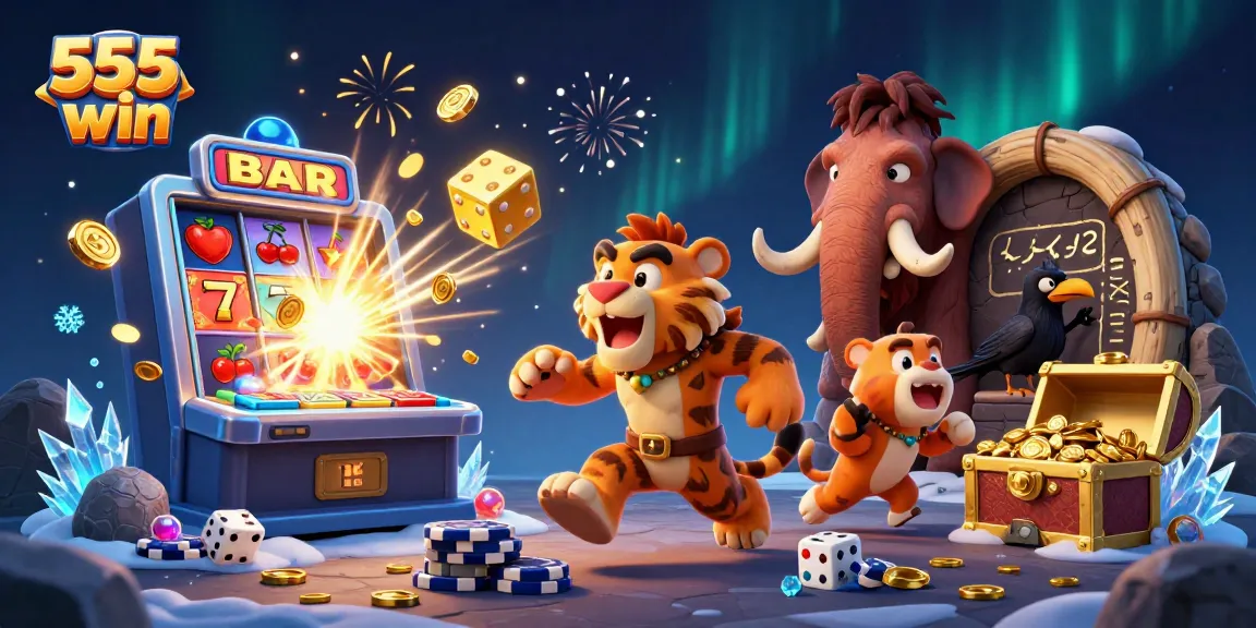 Experience the thrilling 555 win with a vibrant and dynamic casino illustration showcasing exciting game elements.
