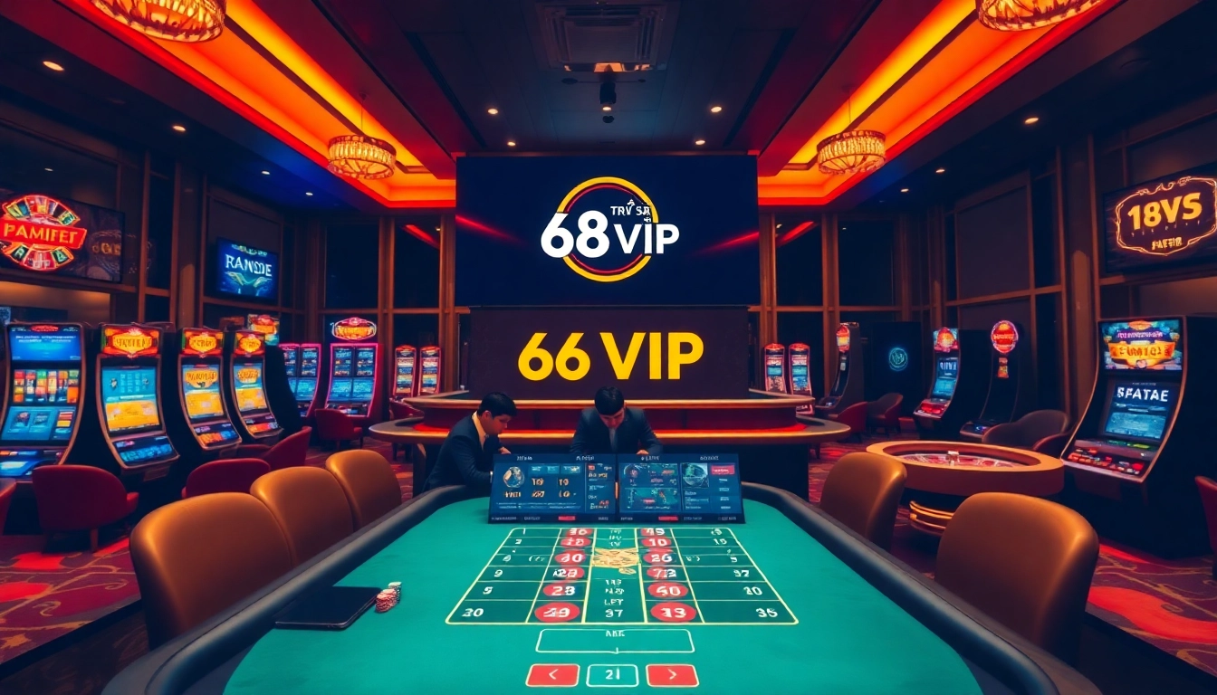 Engaging players in Trụ Sở Nhà Cái 68VIP at a luxurious casino with vibrant gaming tables and machines.
