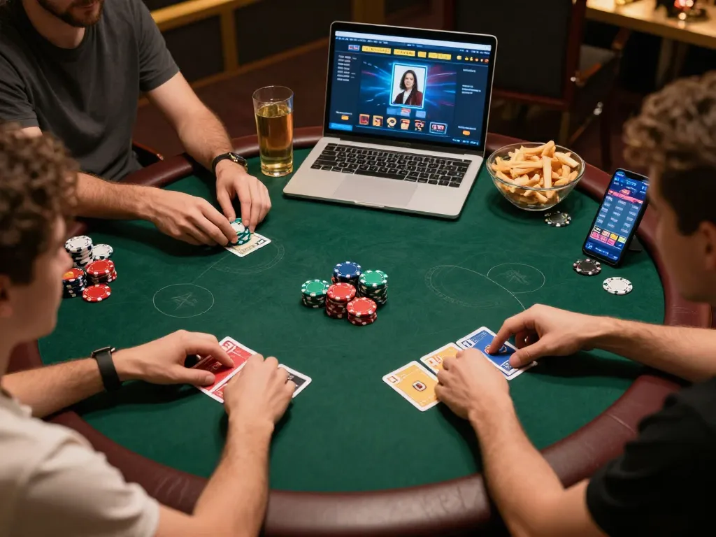 Engaging online poker session at https://11bet.se.net/ with friends, showcasing vibrant chips and cozy atmosphere.