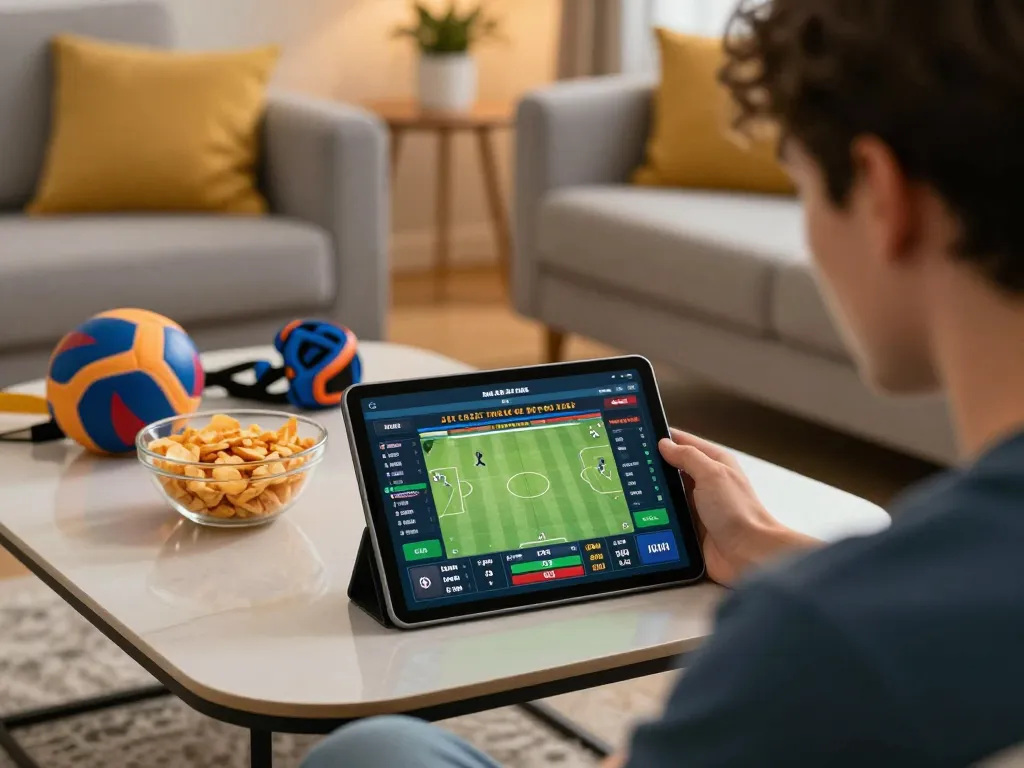 Player placing strategic bets on a gem88 sports betting app in a cozy living room.