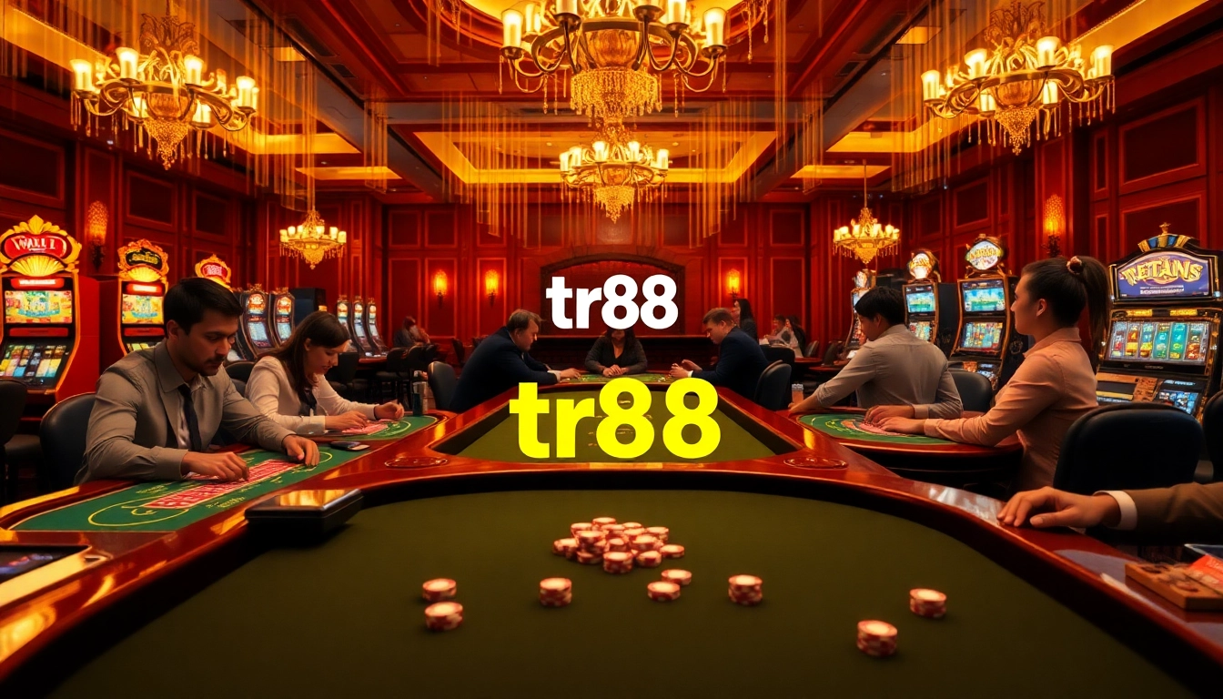 Experience the thrilling atmosphere of tr88 with excited players at casino tables and glowing slot machines.