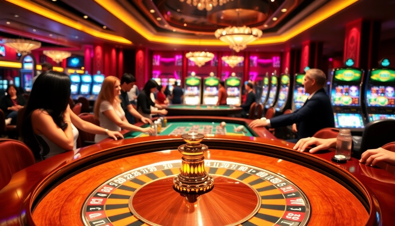Experience the thrill of gambling at 98win with a vibrant casino scene featuring roulette and excited players.
