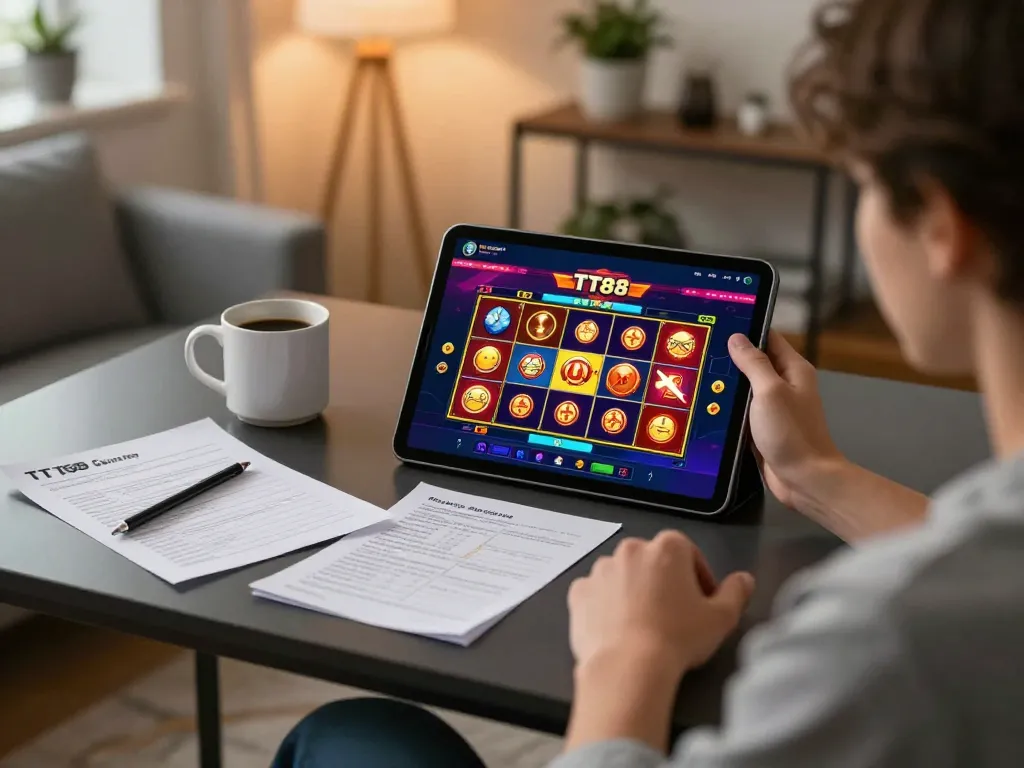 Engaging with the TT88 app during online slot gameplay in a cozy home setting