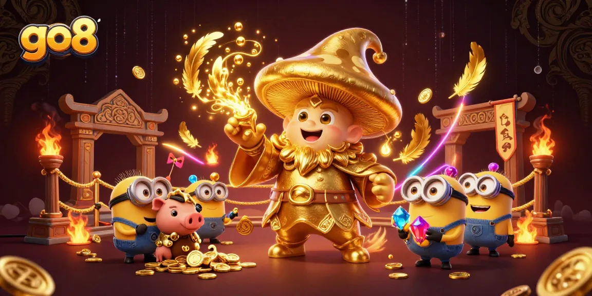 Experience exciting game action at go8 with a magical wizard and treasure hunters in a vibrant casino scene.