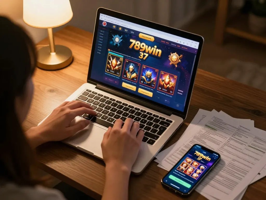 Engaged player exploring 789win 37 online casino interface on a laptop while reviewing betting strategies.