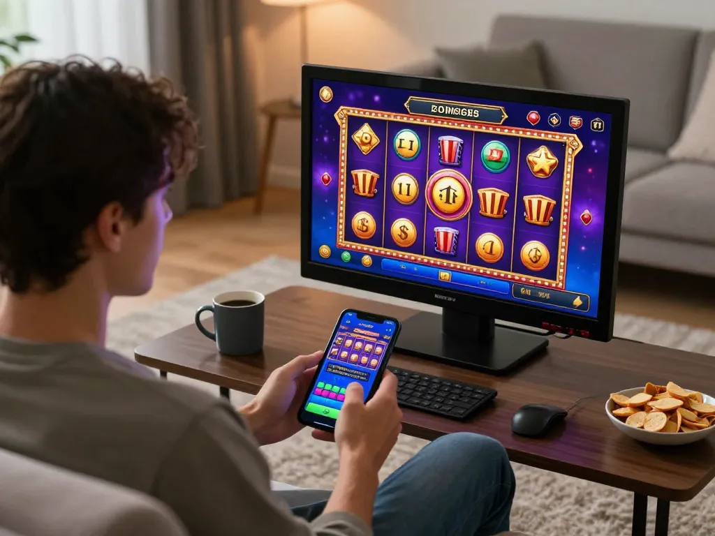 Player enjoying 32win's thrilling slot games on a mobile app in a cozy home environment.