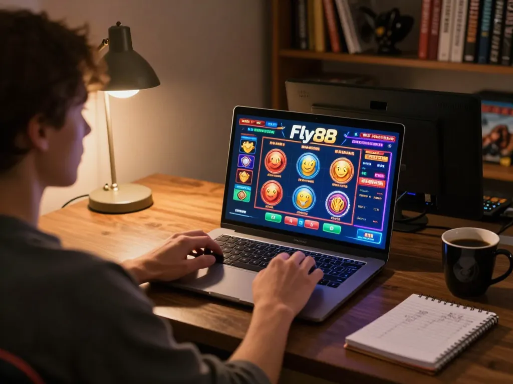 Engaging with Fly88 online casino through dynamic gameplay, showcasing vibrant slot games on a laptop.
