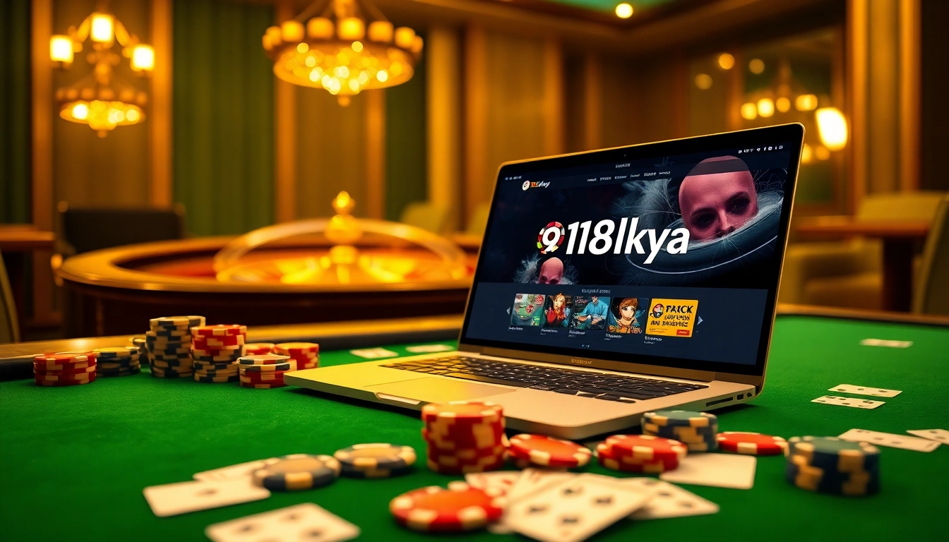 Engage with the thrill of gaming through the 918kaya Download interface surrounded by casino elements.