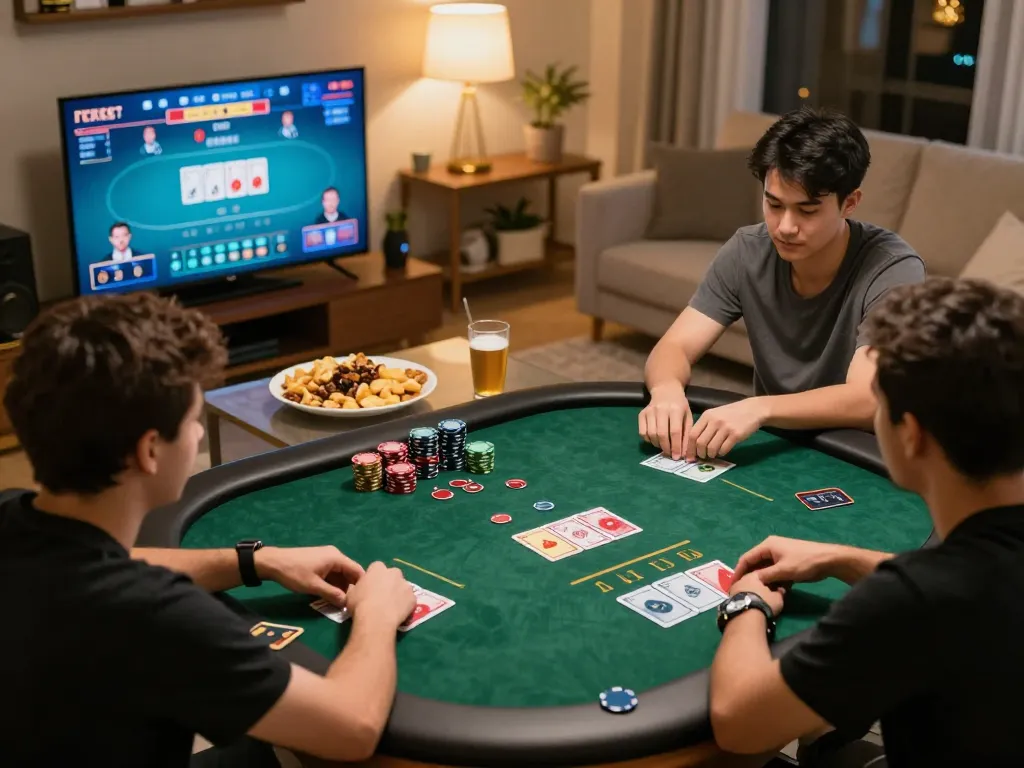 Engaging poker game at home using the 98win9 platform for a friendly night.