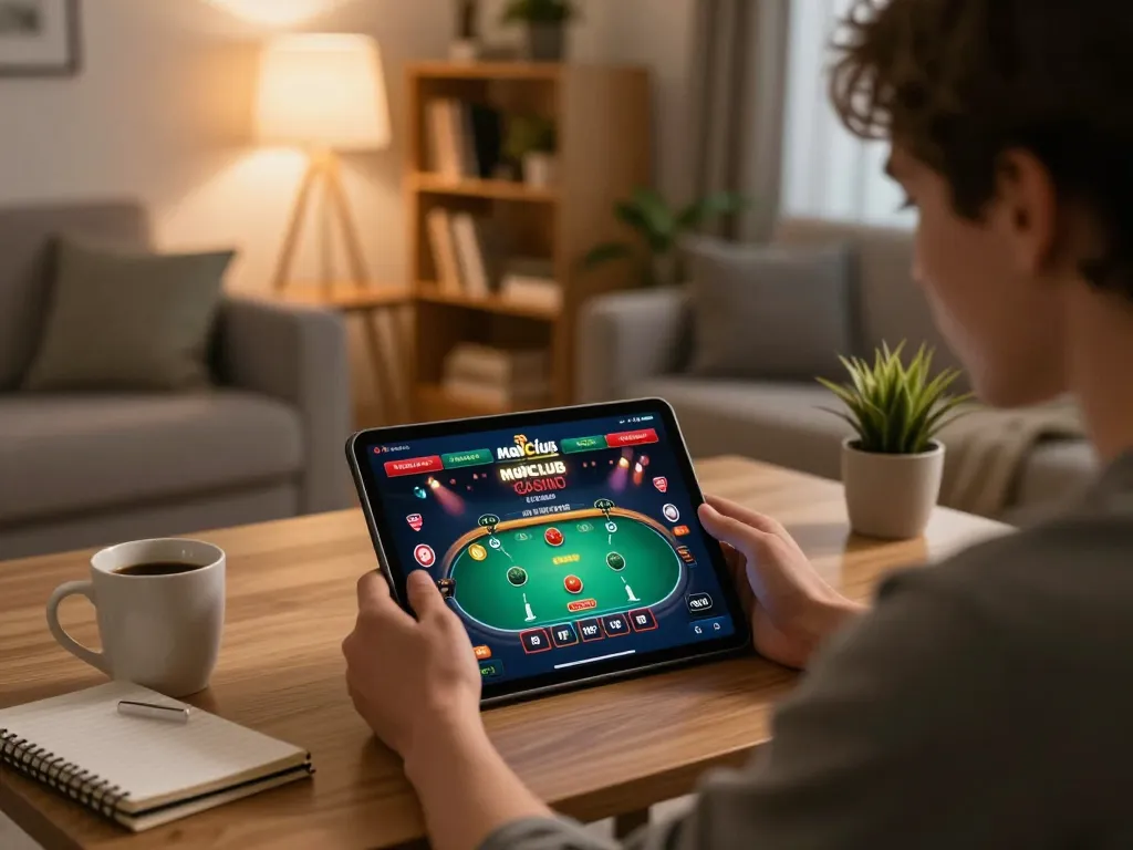 Engaging scene of a person playing manclub poker on a tablet in a cozy home setting, highlighting responsible gaming.