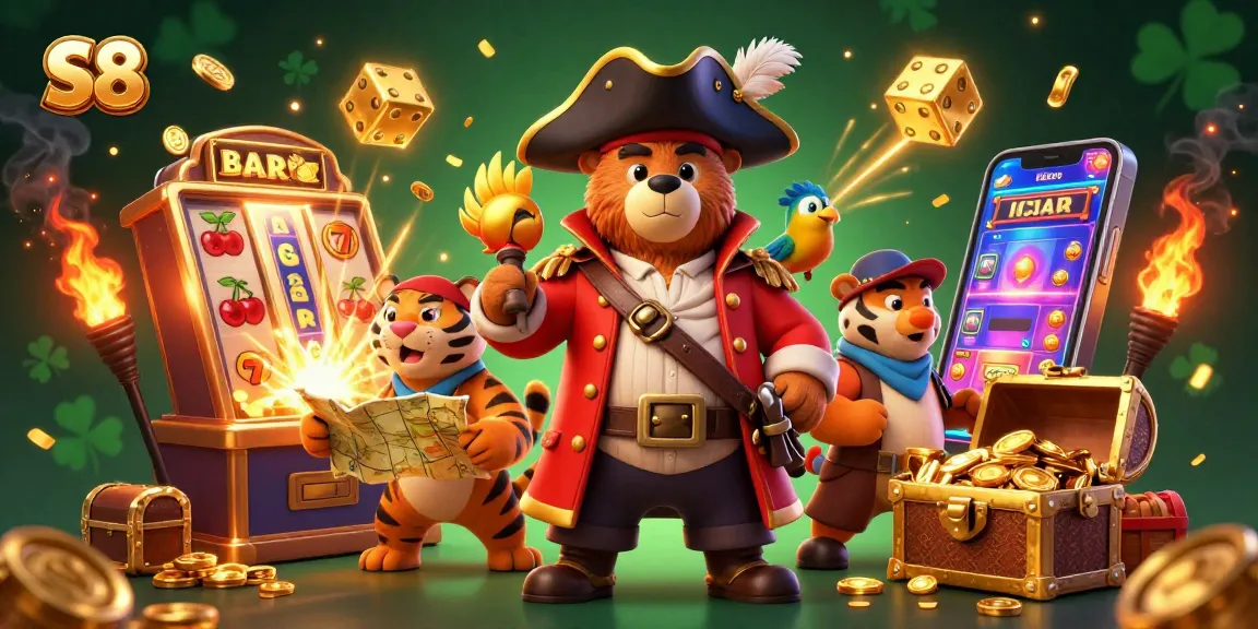 S8 players spin slot machines amidst golden treasures and vibrant gaming elements