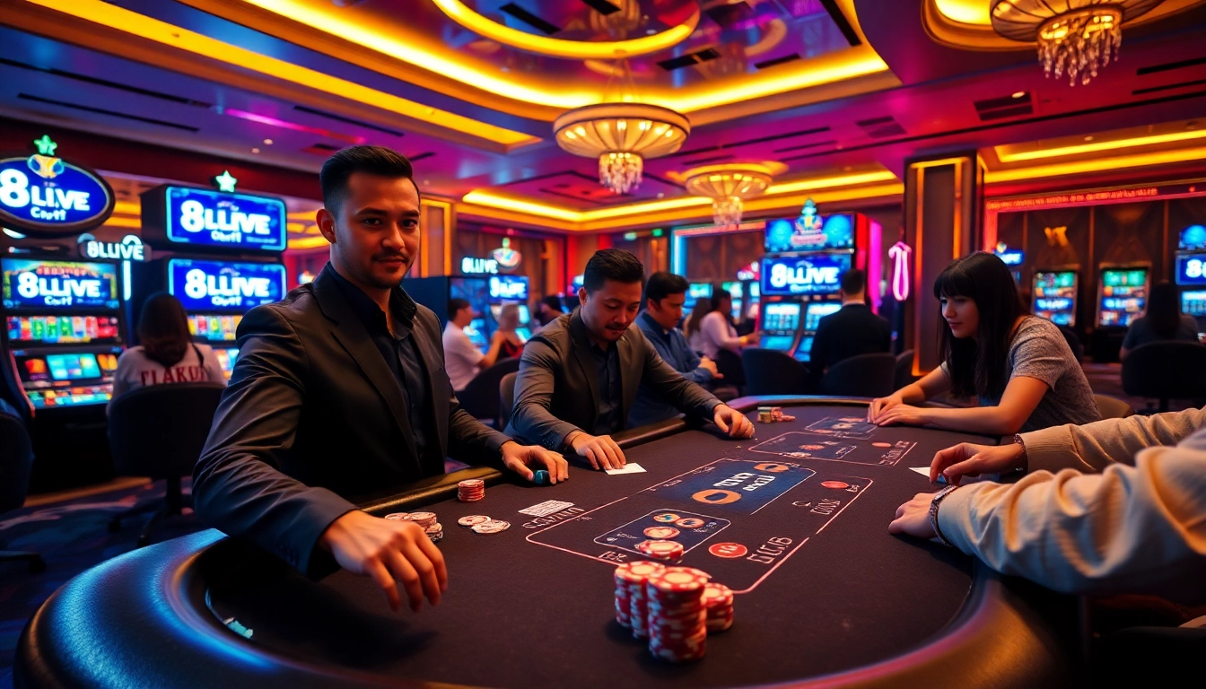 Players enjoying an exciting game at 8LIVE casino with vibrant cards and chips.