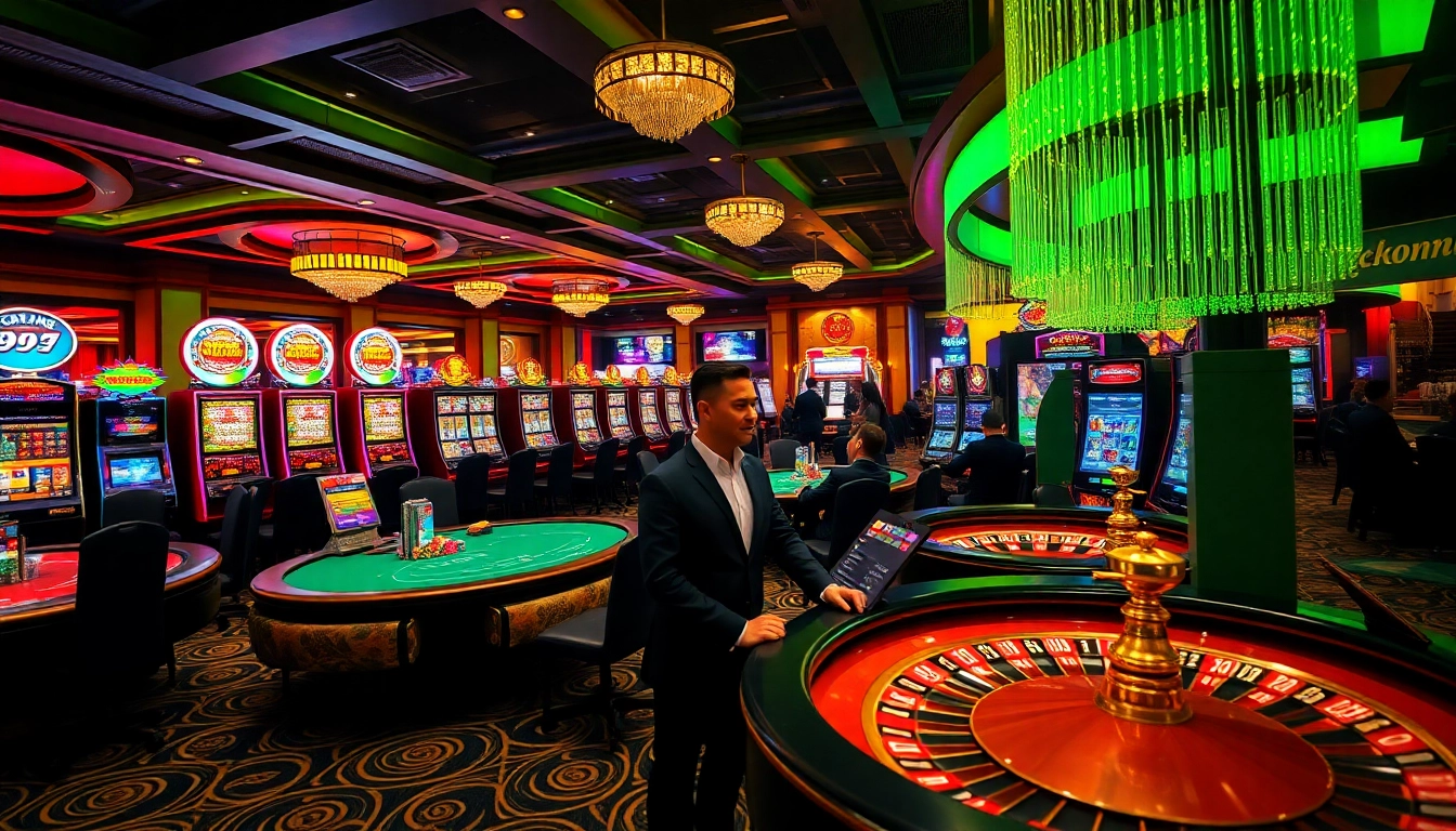 Players winning big at 99OK’s luxurious casino, filled with vibrant gaming tables and exciting slot machines.